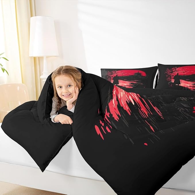 Erosebridal Samurai Comforter Set, Sunset Bedding Set, Japanese Samurai Warm Soft Down Comforter, Scenery Silhouette Bedroom Decor 3Pcs Duvet Set for Men Boys Teens, Queen Size