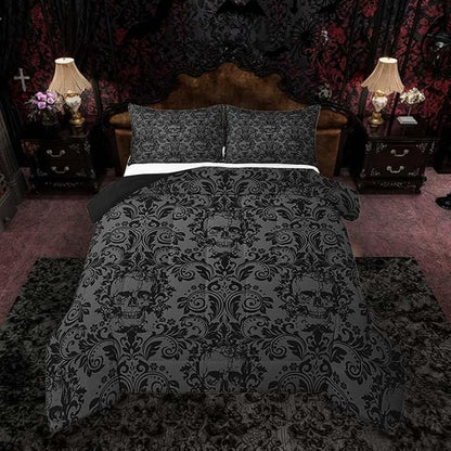 Feelyou Adults Gothic Comforter Set Full Size Dark Olive Green Damask Comforter Skull Bohemia Boho Bedding Set Goth Duvet Set Vintage Victorian Baroque Floral Quilt Set 3Pcs