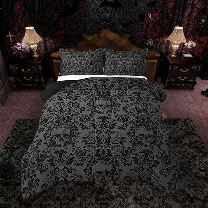 Feelyou Adults Gothic Comforter Set Queen Size Dark Olive Green Damask Comforter Skull Bohemia Boho Bedding Set Goth Duvet Set Vintage Victorian Baroque Floral Quilt Set 3Pcs