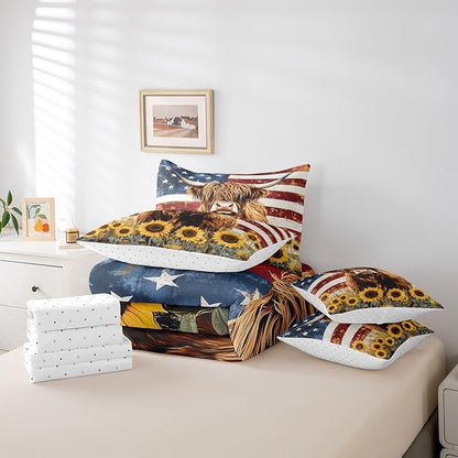 Country Highland Cow Comforter Sets Vintage Retro American Flag Bedding Rustic Farmhouse Animal Sunflower Decor Comforter + Flat Sheet + Fitted Sheet + 2 Pillowcases + 2 Throw Pillow Covers, King
