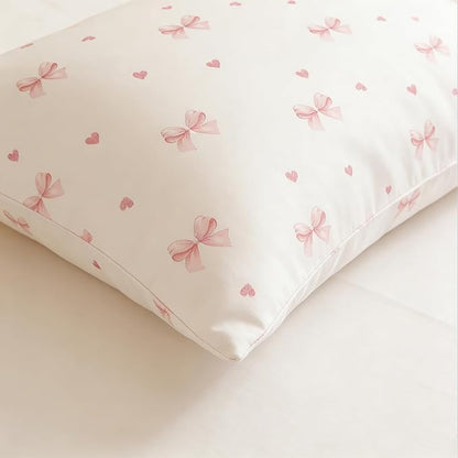 Nayoroom Pink Bow Comforter Set Full Size Coquette Pink Heart Comforter 3 Pieces Soft Lightweight Kids Girls Cute Aesthetic Dorm Bedding Set for All Seasons