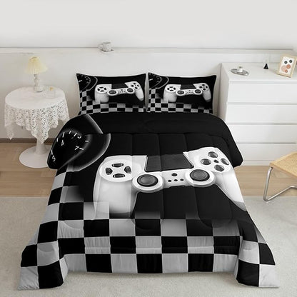 Gampad Comforter Set Queen Size,Gamer Lover Bedding Set Gift for Boys Youth,Video Game Reversible Quilted Duvet Soft Warm Game Room Decor,Black Buffalo Plaid Check Duvet Insert + 2 Pillowcases