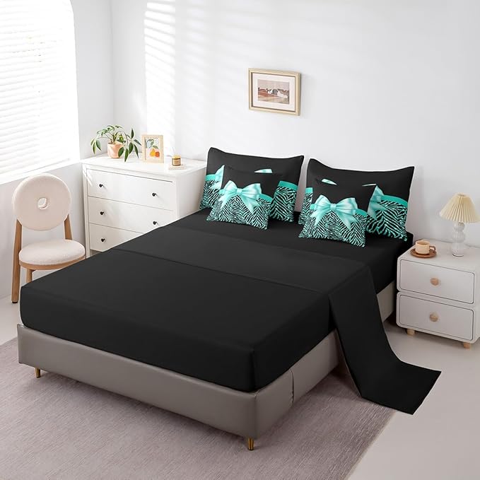 Feelyou Teal Bowknot 7 Piece Bedding Set Twin Size Glitter Print Comforter Set with Sheets for Kids Girls Adult Cute Bowknot Bed in a Bag Black Silver Bed Set