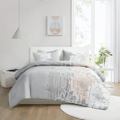 Madison Park Delilah Sateen Cotton Comforter Set, Breathable, Soft Cover, Modern Print, All Season Down Alternative Cozy Bedding with Matching Shams, King/ Cal King, Grey/Blush 3 Piece