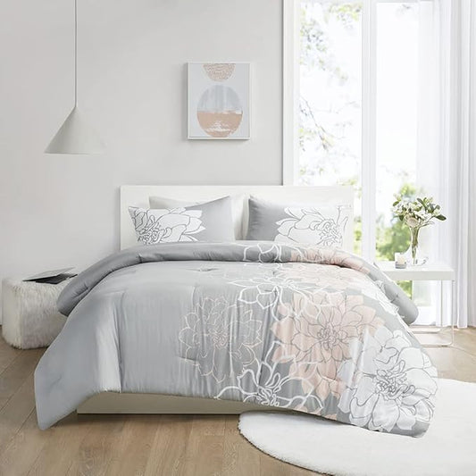 Madison Park Delilah Sateen Cotton Comforter Set, Breathable, Soft Cover, Modern Print, All Season Down Alternative Cozy Bedding with Matching Shams, King/ Cal King, Grey/Blush 3 Piece