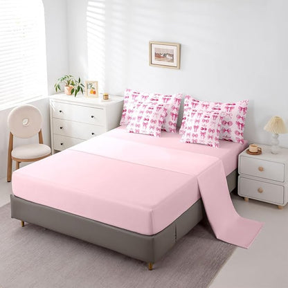 Feelyou Pink Cute Cherry Bow Comforter Set Queen Size 7 Pieces Pink Bow Bedding Set for Kids Boys Girls Princess Decor Bed in a Bag with Comforter, Sheets, Pillowcases, Cushion Covers