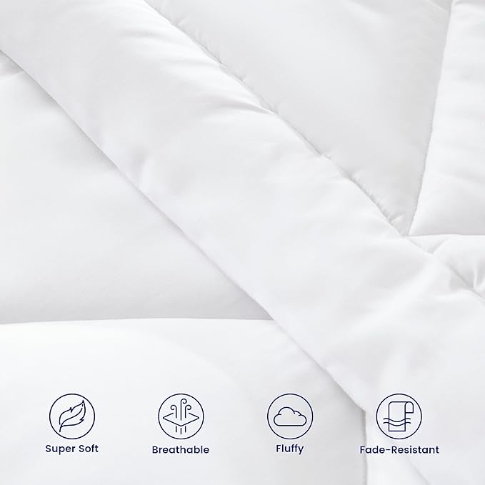 SLEEP ZONE Comforter Set Queen Cooling, 7 Pieces Down Alternative Quilted Comforter for Women and Men, Include Comforter, Fitted Sheet, Flat Sheet, Pilowcase, Pillow Sham (White Square, Queen)