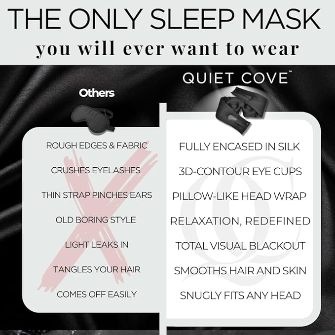 3D Silk Sleep Mask, Sleep Longer in Total Darkness and Comfort. Total Blackout Liner Blocks Light, Lightweight, 100% Silk 22 Momme, Foam Countour Does Not Crush Eyelashes (Obsidian Black)