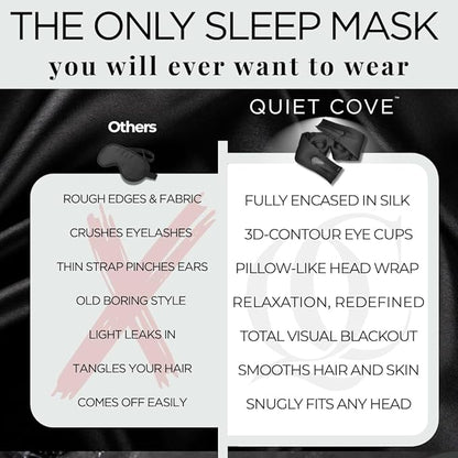3D Silk Sleep Mask, Sleep Longer in Total Darkness and Comfort. Total Blackout Liner Blocks Light, Lightweight, 100% Silk 22 Momme, Foam Countour Does Not Crush Eyelashes (Obsidian Black)