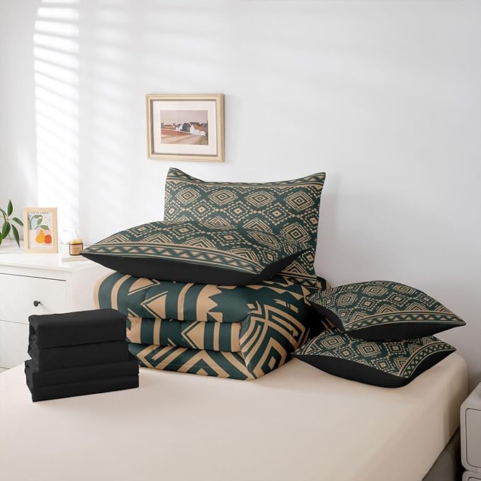 Erosebridal Rustic Western Full Comforter Set with Sheets 7 Piece Vintage Southwestern Bed in A Bag Farmhouse Aztec Nordic Style Bedding Sets for Women Adults Boho Geometric Diamond Bed Set