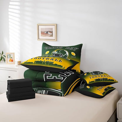 Erosebridal Football Twin Boys 7 Piece Bedding Set American Soccer City Comforter Set with Sheets Rugby Sports Games Bed in A Bag for Kids Teen Adults,Green Yellow Soft Warm Bed Set