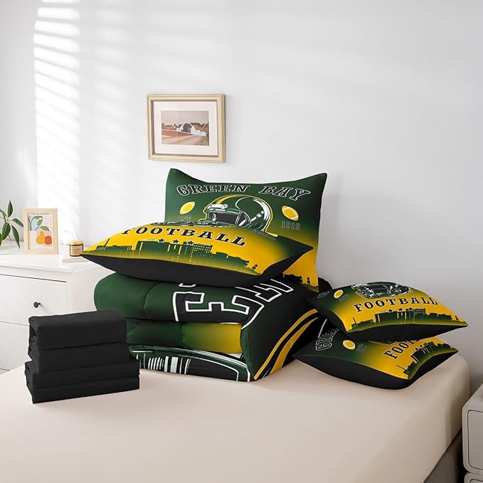 Erosebridal Football King Boys 7 Piece Bedding Set American Soccer City Comforter Set with Sheets Rugby Sports Games Bed in A Bag for Kids Teen Adults,Green Yellow Soft Warm Bed Set