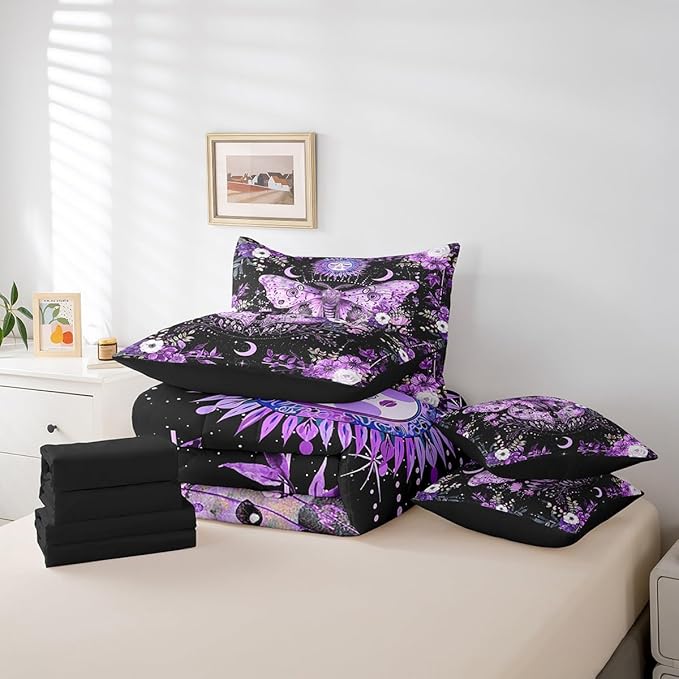 Feelyou Purple Death Moth Bedding Set with Comforter, Boho Moth Comforter King Size 7Pcs Sun Moon Butterfly Bed in a Bag with Comforter, Boho Floral Flat Sheet, Fitted Sheet, Pillowcases Room Decor