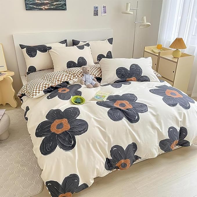 CLOTHKNOW Black Floral King Size Comforter Set 3Pcs Sunflower Bedding Comforter Sets Pumpkin Grid Comforter Boho Comforter with 2 x Pillow Cases