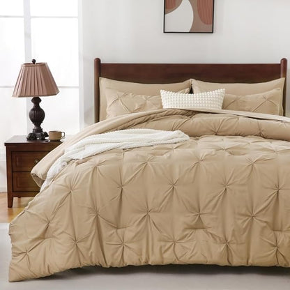 Sheet&Joy Full Size Comforter Set,7-Piece Bed in a Bag Double, Pintuck Bedding Set for All Season, Includes Comforter, Flat Sheet, Fitted Sheet, Pillowcases and Pillowshams, Khaki