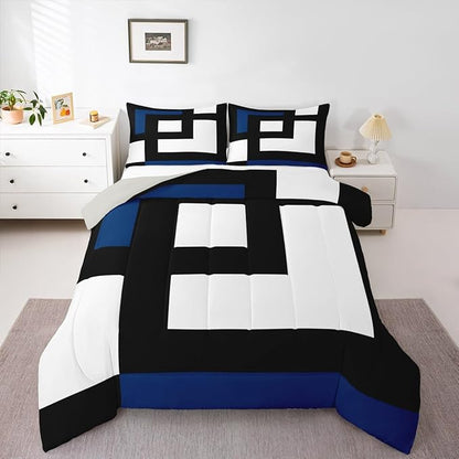 Erosebridal Blue Black and White Striped Queen Comforter Set for Adult Women Men Square Abstract Bedding Set Modern Geometric Stripes Bold Lines Bed Set Minimalist Stylish Plaids Quilt Set