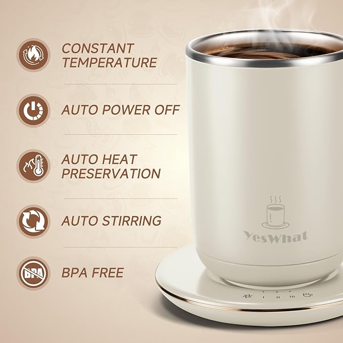 Coffee Mug Warmer 11oz,Self Stirring Smart Mug Warmer with Temperature Control & Auto Shut-Off,Stainless Steel Electric Heated Coffee Mug with Detachable Heating Base for Home,Kitchen & Gifts (White)