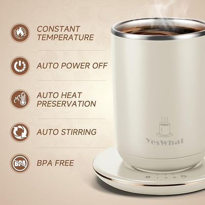 Coffee Mug Warmer 11oz,Self Stirring Smart Mug Warmer with Temperature Control & Auto Shut-Off,Stainless Steel Electric Heated Coffee Mug with Detachable Heating Base for Home,Kitchen & Gifts (White)