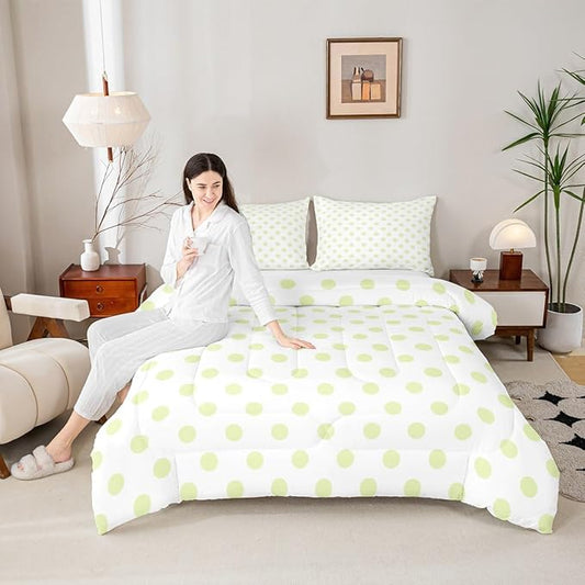 Manfei Cute Polka Dots Comforter Set King Size,Cartoon Dots French Style Lovely Bedding Set for Adults Room,Geometric Circles Yellow Green White Simple Art Comforter,3 Pcs 2 Pillowcases