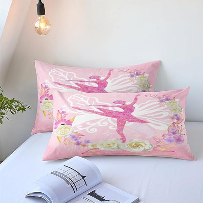Kids Pink Ballerina Comforter Set Queen Size Cute Butterfly Floral Microfiber Bedding Set,Girl Princess Bed Set with 2 Pillowcases, 90'' x90''