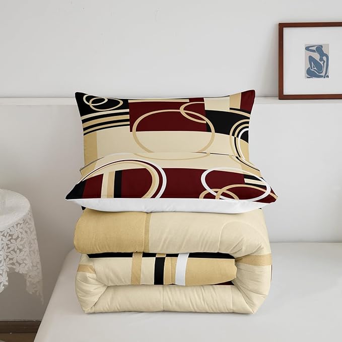 Erosebridal Modern Geometric Comforter Set Twin Size - Red Brown Black Stripes Down Bedding With Retro Circle Swirls - Abstract Texture Color Art for Kids Adult Bedroom Decor
