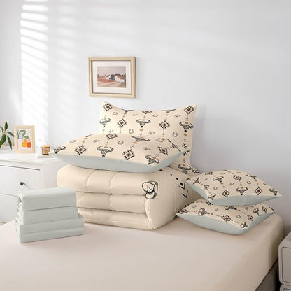 Erosebridal Bull Skull 7 Piece Bedding Set King Aztec Comforter Set with Sheets Southwest Horseshoe Cowboy Hat Dot Bed in a Bag Western Arrow Geometric Brown for Teens Men Women