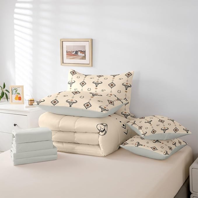 Erosebridal Bull Skull 7 Piece Bedding Set Full Aztec Comforter Set with Sheets Southwest Horseshoe Cowboy Hat Dot Bed in a Bag Western Arrow Geometric Brown for Teens Men Women