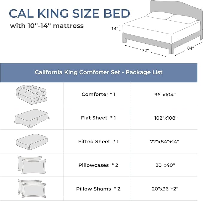 Sasttie California King Comforter Set Black, 7 Pieces Cal King Bed in a Bag, Complete Bedding Set Includes Comforter, Flat Sheet, Fitted Sheet, Pillowcases and Pillow Shams, Black