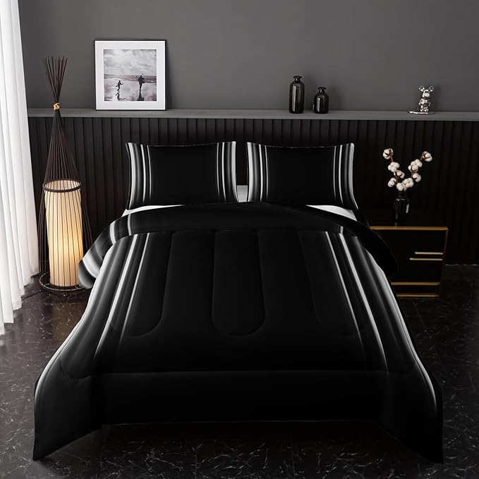 White and Black Bedding Set Twin Size Abstract Ombre Comforter Set for Teen Boys, Mordern Bedding Set 3 Piece in A Bag,Dark Quilt Set Mordern Art Decor Lightweight All Seasons with Pillowcases