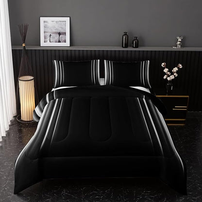 White and Black Bedding Set Full Size Abstract Ombre Comforter Set for Teen Boys, Mordern Bedding Set 3 Piece in A Bag,Dark Quilt Set Mordern Art Decor Lightweight All Seasons with Pillowcases