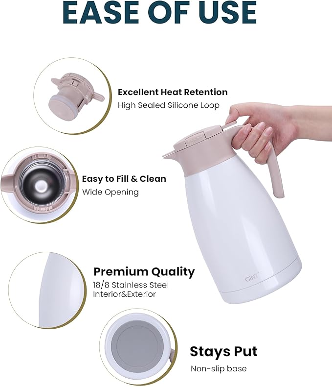 GiNT 2.2L / 74Oz Thermal Coffee Carafe, Insulated Stainless Steel Coffee Carafes for Keeping Hot/Double Walled Vacuum Thermal Carafe (White)