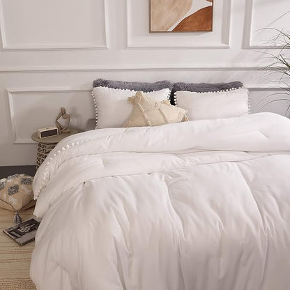 YIRDDEO Full Size Comforter Sets - Full Size Comforter with Ball Pom Fringe, Soft Bedding Set for All Seasons - 3 Pieces, 1 Comforter (79"x90") & 2 Pillow Shams(20"x26"), White