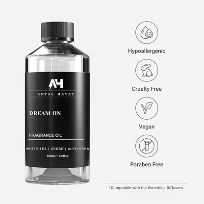 Dream on Essential Oil Scent 500mL - Luxury Home Aromatherapy Diffuser Oil - Formulated with Hints of Bright White Tea, Sweet Vanilla, & Earthy Cedar - Inspired by One Hotel Miami Beach