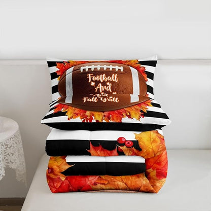 Football And Fall Y’All Bedding Set King For Boys Autumn Thanksgiving Theme Comforter Set For Kids Teen Ball Sports Quilt Duvet Soft Lightweight Maple Leaves Black Striped Comforter 2 Pillow Cases