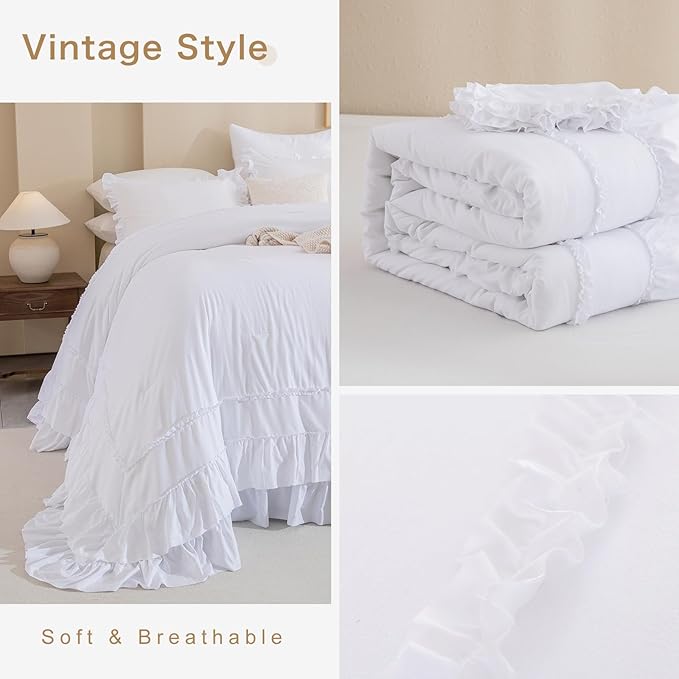 QSH Oversized King Comforter Set 120x120, White Farmhouse Ruffled Bed Comforter Shabby French Country Rustic Vintage Bedding Comforter Microfiber Soft Lightweight Fluffy Bedding 3 PCs