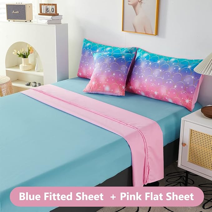 PERFEMET Queen Size Girls Comforter Set with Sheets 6 Pieces Mermaid Tail Print Kids Bedding Set Colorful Rainbow Teen Girl Bed in A Bag Pink Purple Ombre Bed Set for Girls Women