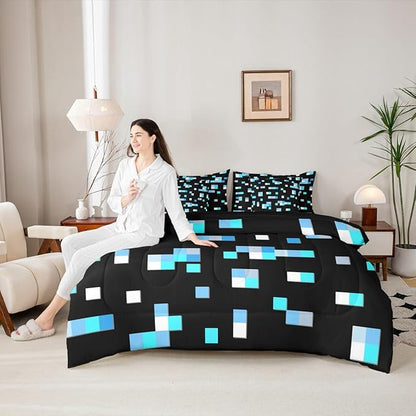 Castle Fairy Blue Miner Square 7 Piece Comforter Set Queen Size,Geometric Grid All Season Reversible Bed in a Bag Pixelated Games Bedding Sets Pixel Style Flat Sheet,Fitted Sheet,Pillowcases