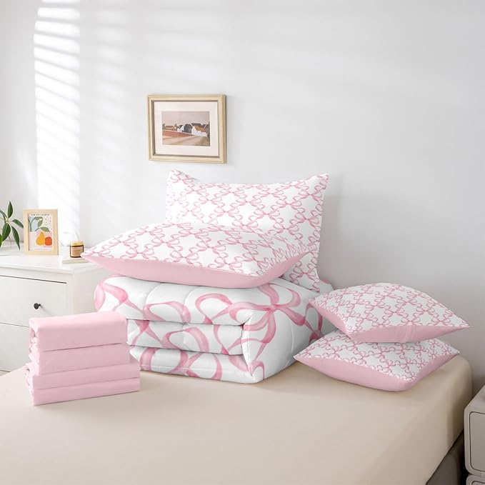 Feelyou Pink Bow Queen Comforter Set with Sheets for Kids Boys Girls Cute Bowknot 7 Pieces Bedding Set Bow Plaid Bed in a Bag Princess Decor Room Decor Soft Lightweight Microfiber