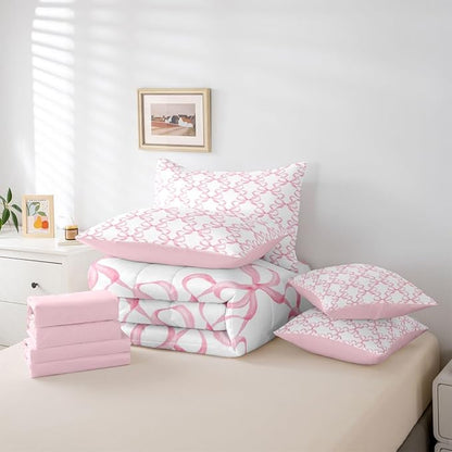 Feelyou Pink Bow King Comforter Set with Sheets for Kids Boys Girls Cute Bowknot 7 Pieces Bedding Set Bow Plaid Bed in a Bag Princess Decor Room Decor Soft Lightweight Microfiber