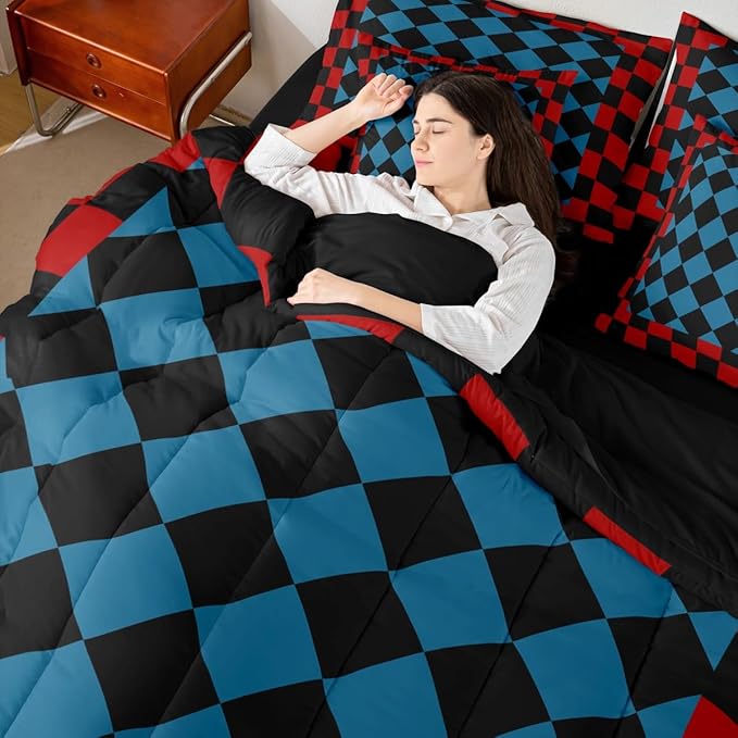 Feelyou Checkered Retro King Comforter Set with Sheets for Kids Boys Girls Red Blue Black Plaid 7 Pieces Bedding Set Geometric Vintage Bed in a Bag Modern Simple Groovy Aesthetic Room Decor Soft