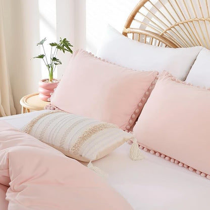 YIRDDEO Queen Comforter Set - Comforter Queen Size Sets with Ball Pom Fringe, Soft Bedding Set for All Seasons - 3 Pieces, 1 Comforter (90"x90") & 2 Pillow Shams (20"x26"), Blush