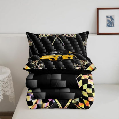 jejeloiu Yellow Race Car Bedding Set King Size Extreme Sports Comforter Set for Kids Teens Adult Fast and Furious Duvet Set Dazzling Flag Quilt Set 3Pcs