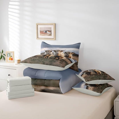 Erosebridal Highland Cow Print Comforter Sets with Sheets, Farm Animal Bedding Set Twin for Boys Girls Country Style 7Pcs Bed in A Bag Rustic Farmhouse Bed Set