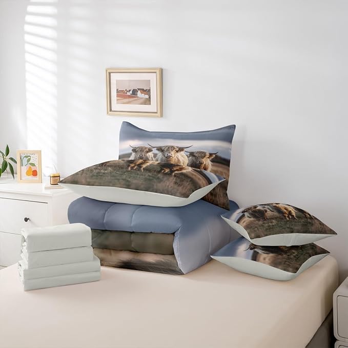 Erosebridal Highland Cow Print Comforter Sets with Sheets, Farm Animal Bedding Set King for Boys Girls Country Style 7Pcs Bed in A Bag Rustic Farmhouse Bed Set