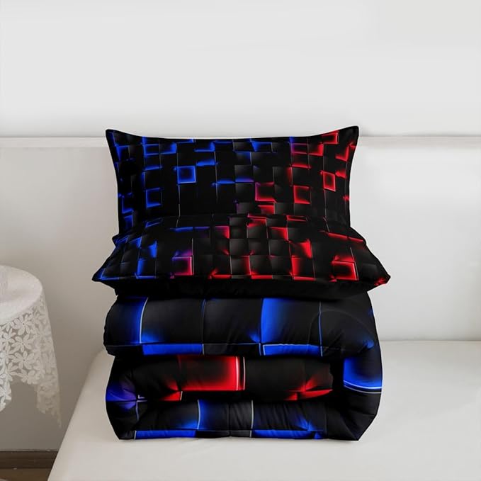 Erosebridal Geometric Checkered Boys Bedding Set Full Size Neon Red Blue Comforter Set for Kids Teen Men Gamer Room Decor,Abstract Ombre Plaid Comforter Grids Quilt Duvet Black