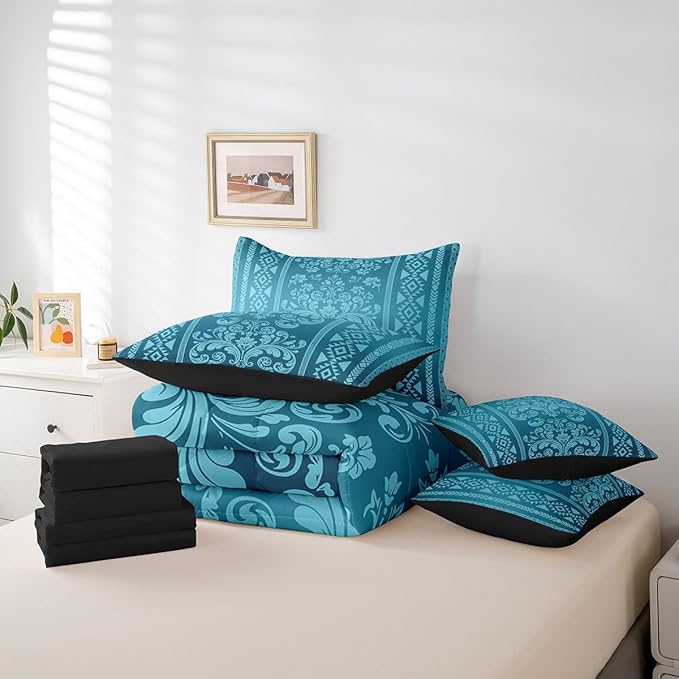 Comforter Set Twin Size, Teal Damask Aztec 7 Pcs Bedding for Kids and Adults, Antique Decor Western Baroque Gothic Floral Bed Sheet Sets with Fitted Sheet 2 Pillowcases & 2 Shams for Bedroom Bed Decor