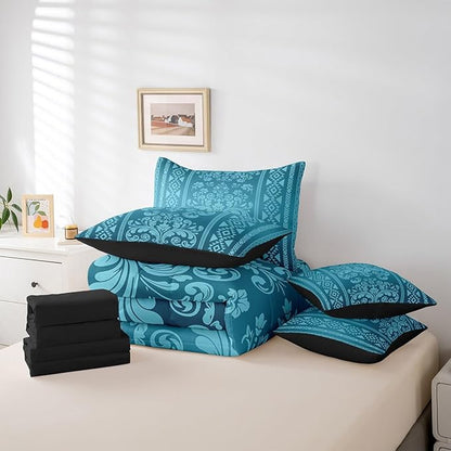 Comforter Set Twin Size, Teal Damask Aztec 7 Pcs Bedding for Kids and Adults, Antique Decor Western Baroque Gothic Floral Bed Sheet Sets with Fitted Sheet 2 Pillowcases & 2 Shams for Bedroom Bed Decor
