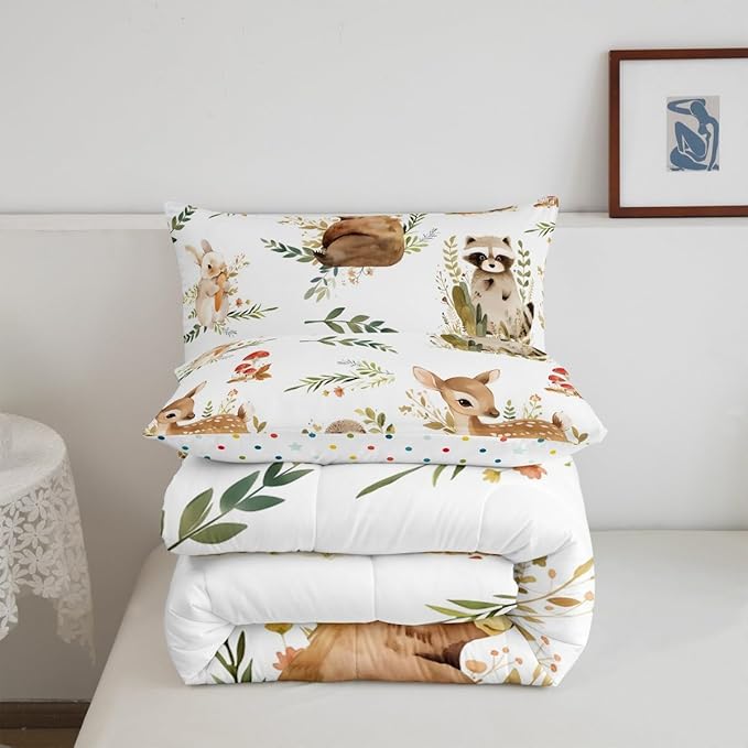 Erosebridal Kids Cute Deer Full Size Bedding Set, Woodland Animal Down Comforter Rabbit Hedgehog Comforter Set for Boys Teens Girls Room, Mushroom Branches Rustic Quilt, Soft Microfiber