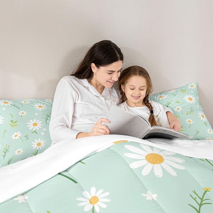 Manfei Cute Flower Comforter Set Queen Size, Botanical Theme Floral Print Bedding Set 3pcs for Kids Girls Room Decor, Watercolor Daisy Quilt Set Soft Polyester Duvet Set with 2 Pillowcases