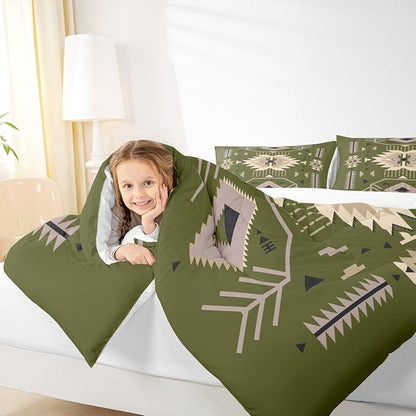 American Tribal Comforter Set Queen Size Southwest Cowboy Style Bedding Set 3pcs Retro Green Microfiber Quilt Set for Kids Teens Boys Women Room Decor Geometric Arrow Duvet Insert,2 Pillowcases